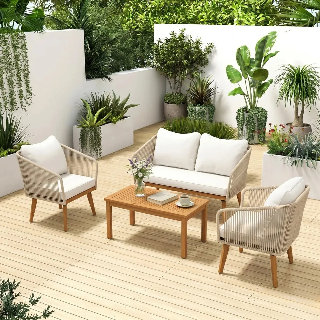 Braided Rope Sofa Set on Teak Wood Frame with 2 Seater, 2 Single Seater and 1 Center Table for Balcony