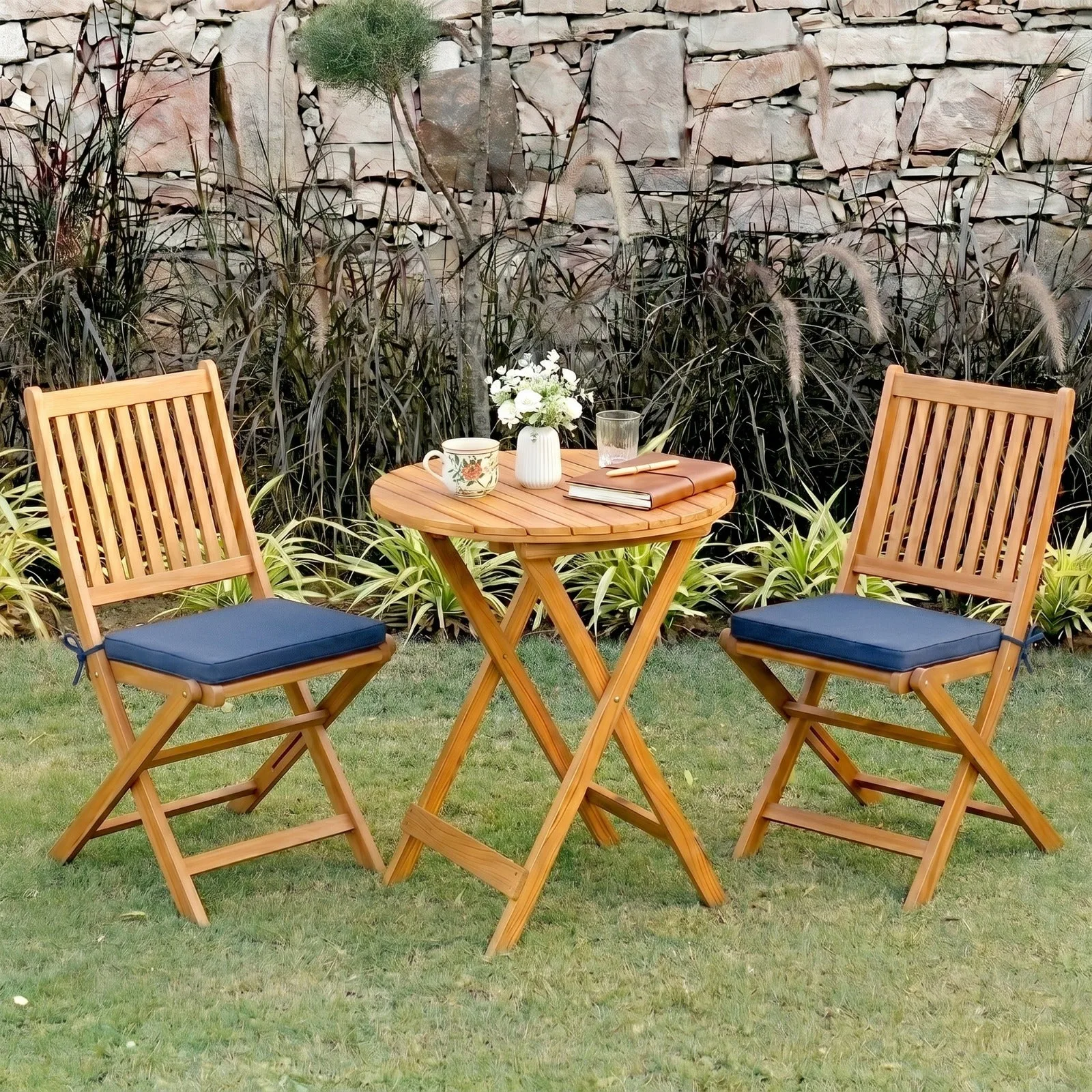 Sukoon 3-Piece Solid Acacia Wood Outdoor Bistro Set – Folding Chairs & Round Patio Table Set (Brown)