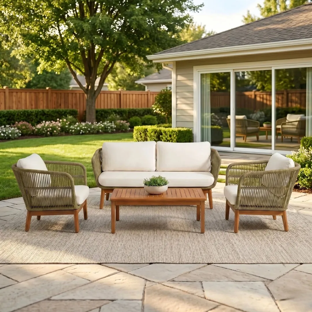 Braided Rope Sofa Set on Teak Wood Frame 2 Seater, 2 Single Seater and 1 Center Table