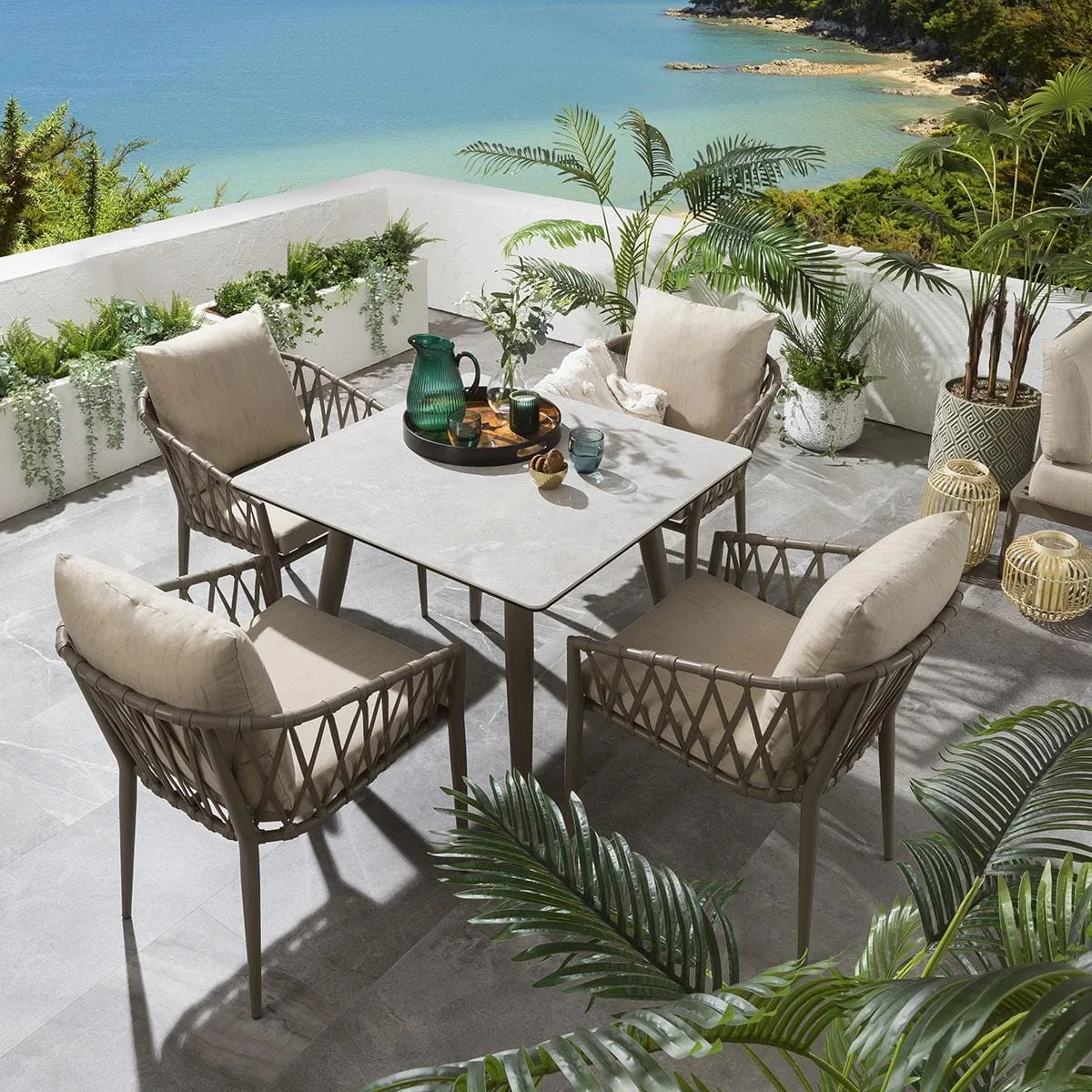 Marjaan Outdoor Garden Patio Dining Set – 4 Chairs & 1 Table Set, Braided Rope
