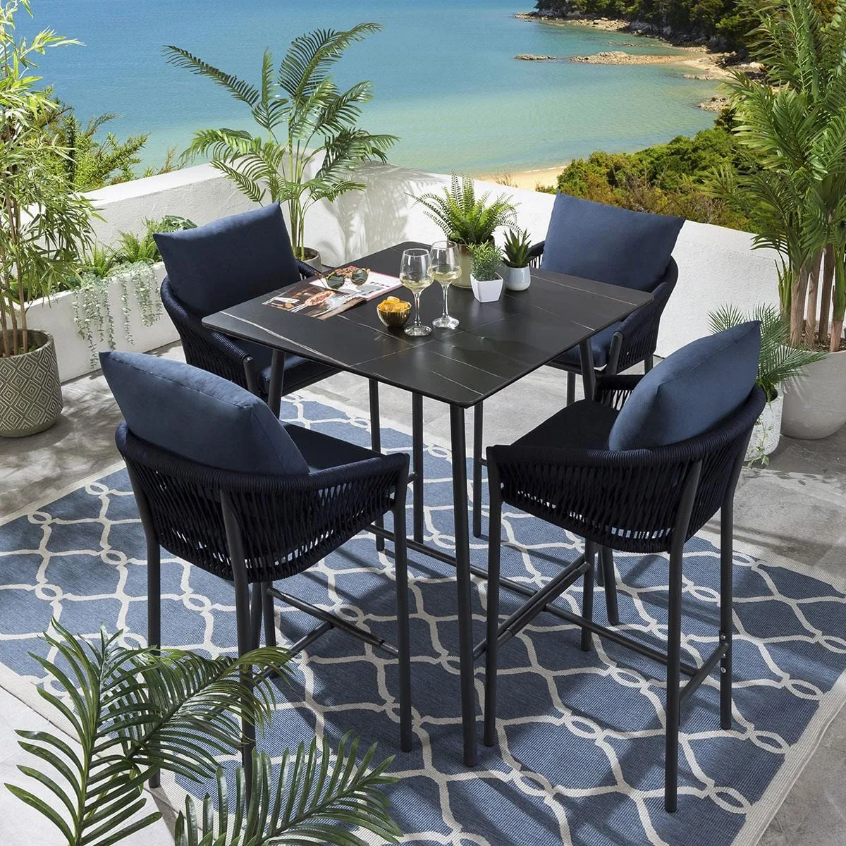 Zenith Outdoor Patio Bar Set – 4 Chairs & 1 Table Set (Blue), Braided Rope