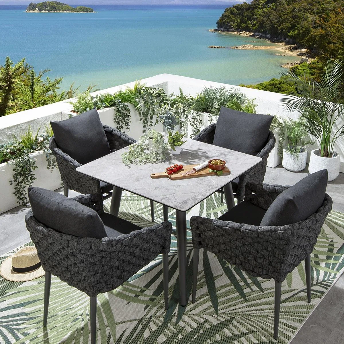Zareen Outdoor Garden Patio Dining Set – 4 Chairs & 1 Table Set, Braided Rope