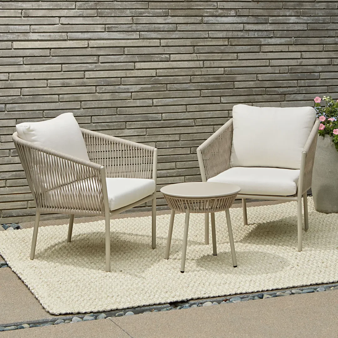 Serene Outdoor Patio Seating Set – 2 Chairs & 1 Table Set (Beige), Braided Rope